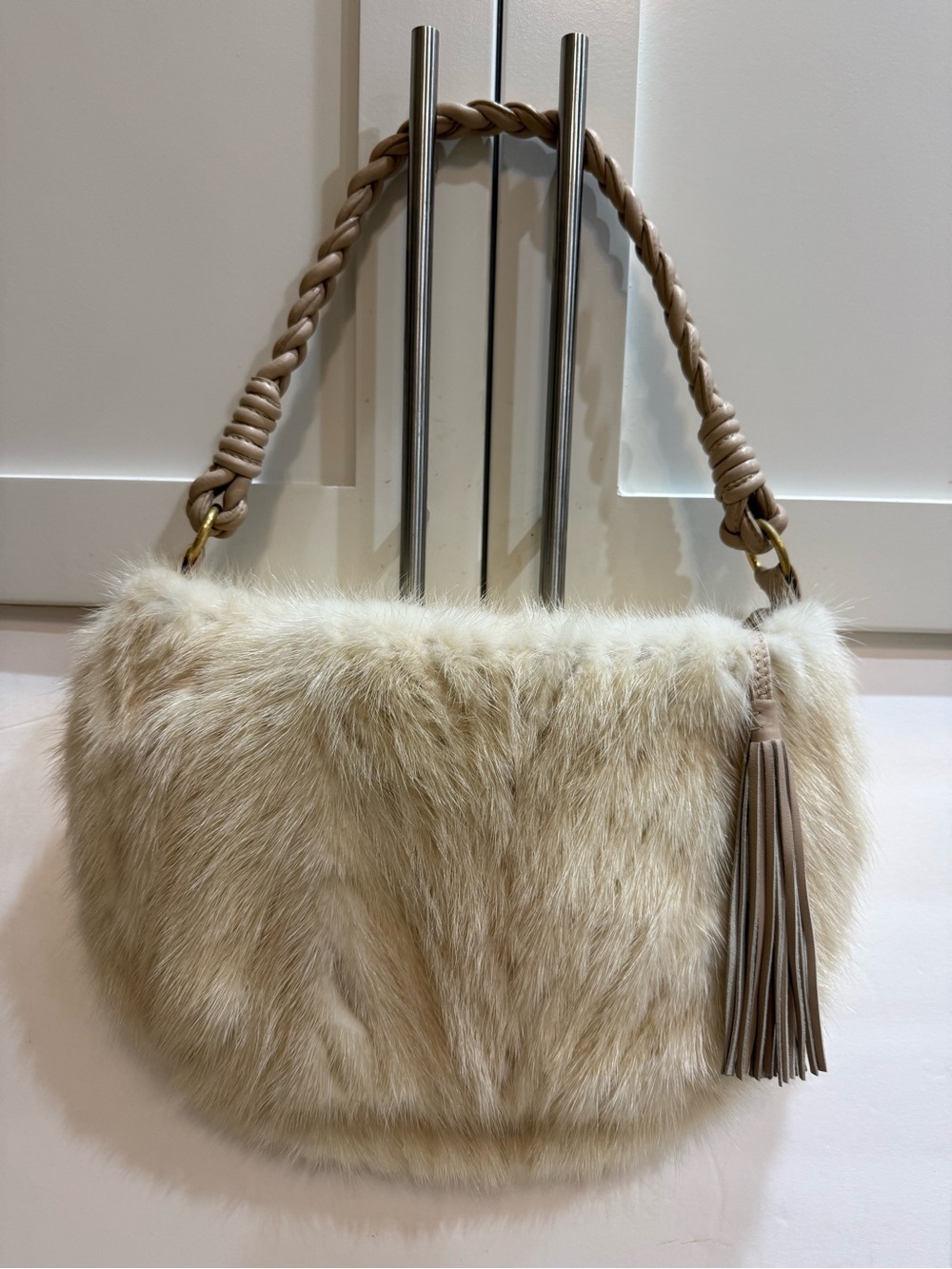 Paolo Masi Faux Fur Shoulder Bag in Beige and Tan with Tassel